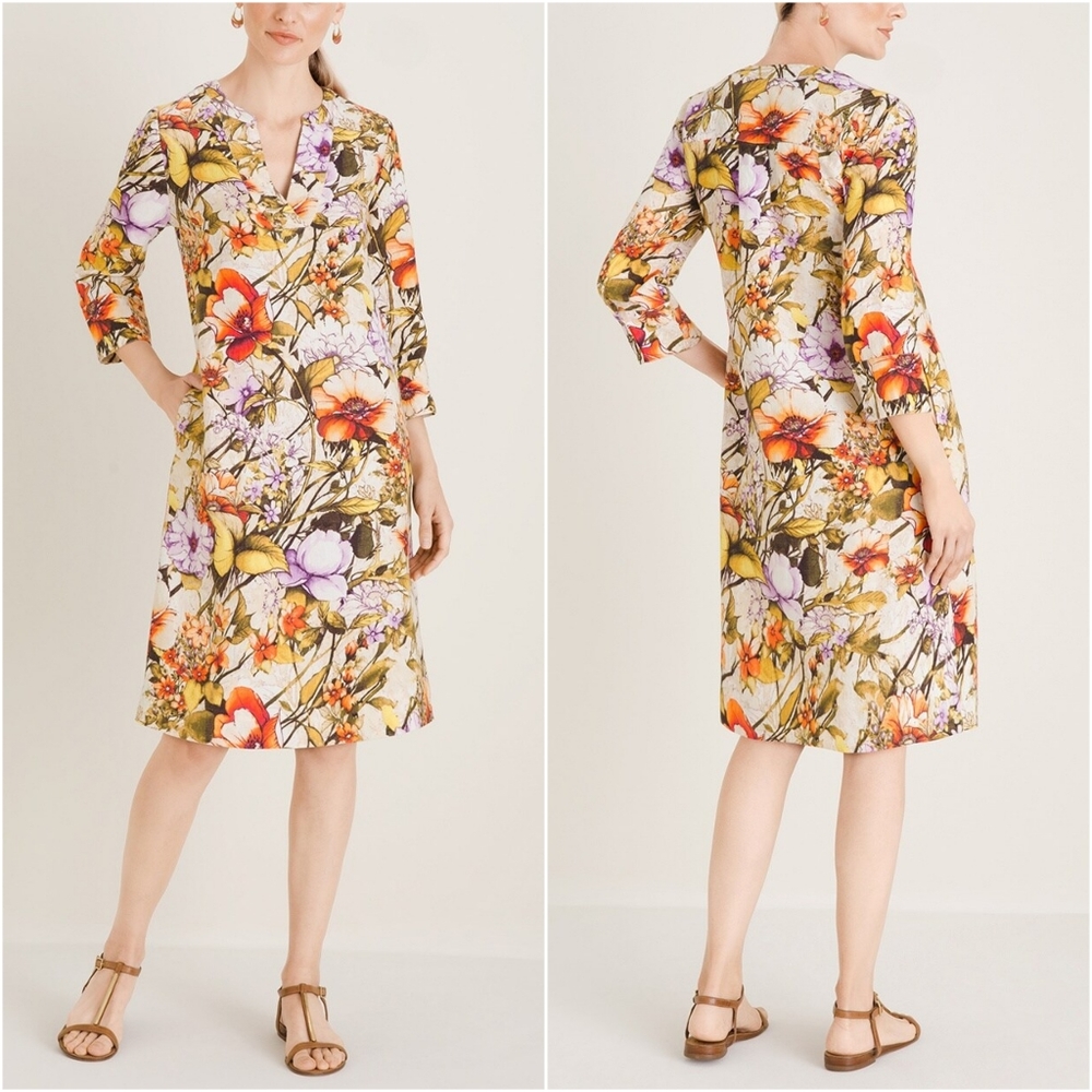 Floral Linen Chico's Watercolor Tunic Kaftan Dress XS - Summer Spring Casual
